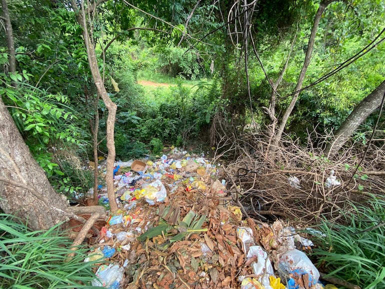 Los desechos abarcan toda el área, desde bolsas de basura hasta restos de envases y objetos domésticos, formando un paisaje contaminado que atenta contra el entorno natural de la zona.