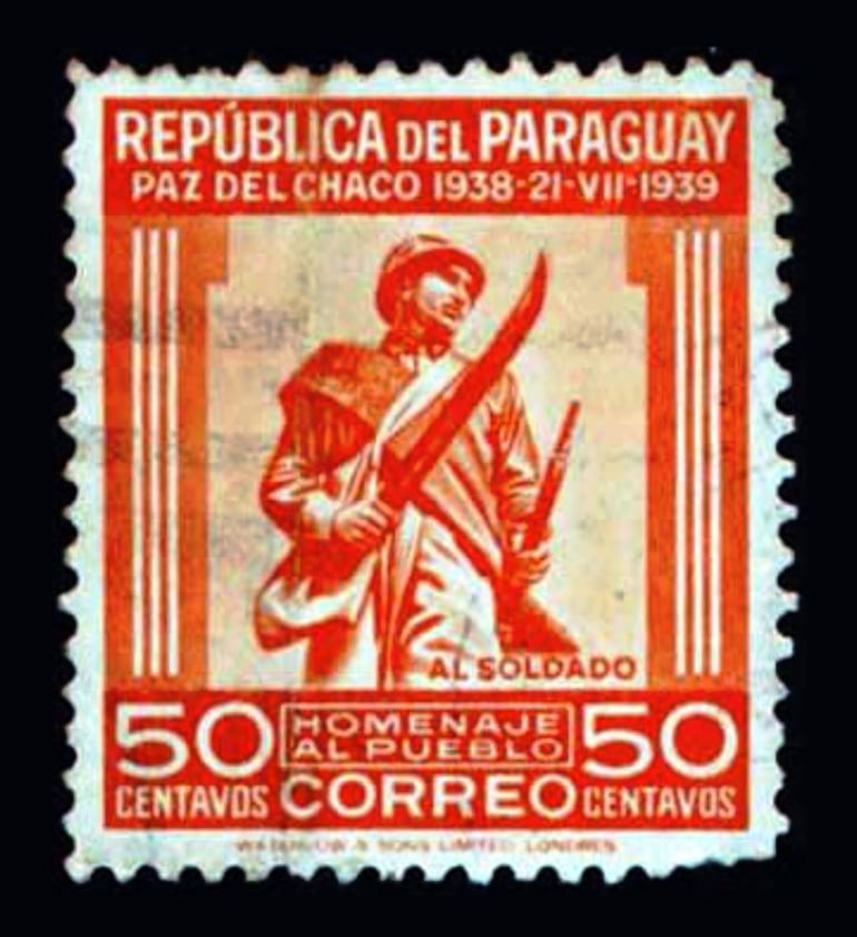 Estampilla conmemorativa a un año de la Paz del Chaco con la imagen del soldado paraguayo basada en la fotografía de Willi Ruge.