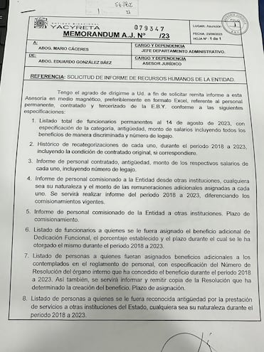 Memorándum de Yacyretá, en el que se piden informes sobre los funcionarios que ingresaron a la entidad en la era abdista.