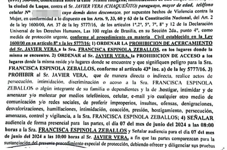 Parte del escrito de notificación de la jueza de paz a la comisaría de la zona con respecto a la orden de alejamiento para el senador Javier "Chaqueñito" Vera.