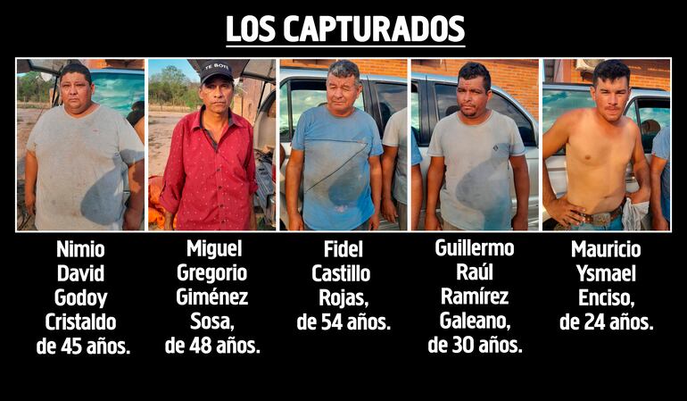 Nimio David Godoy Cristaldo, Miguel Gregorio Giménez Sosa, Fidel Castillo Rojas, Guillermo Raúl Ramírez Galeano y Mauricio Ysmael Enciso, capturados por policías de Antiabigeato.