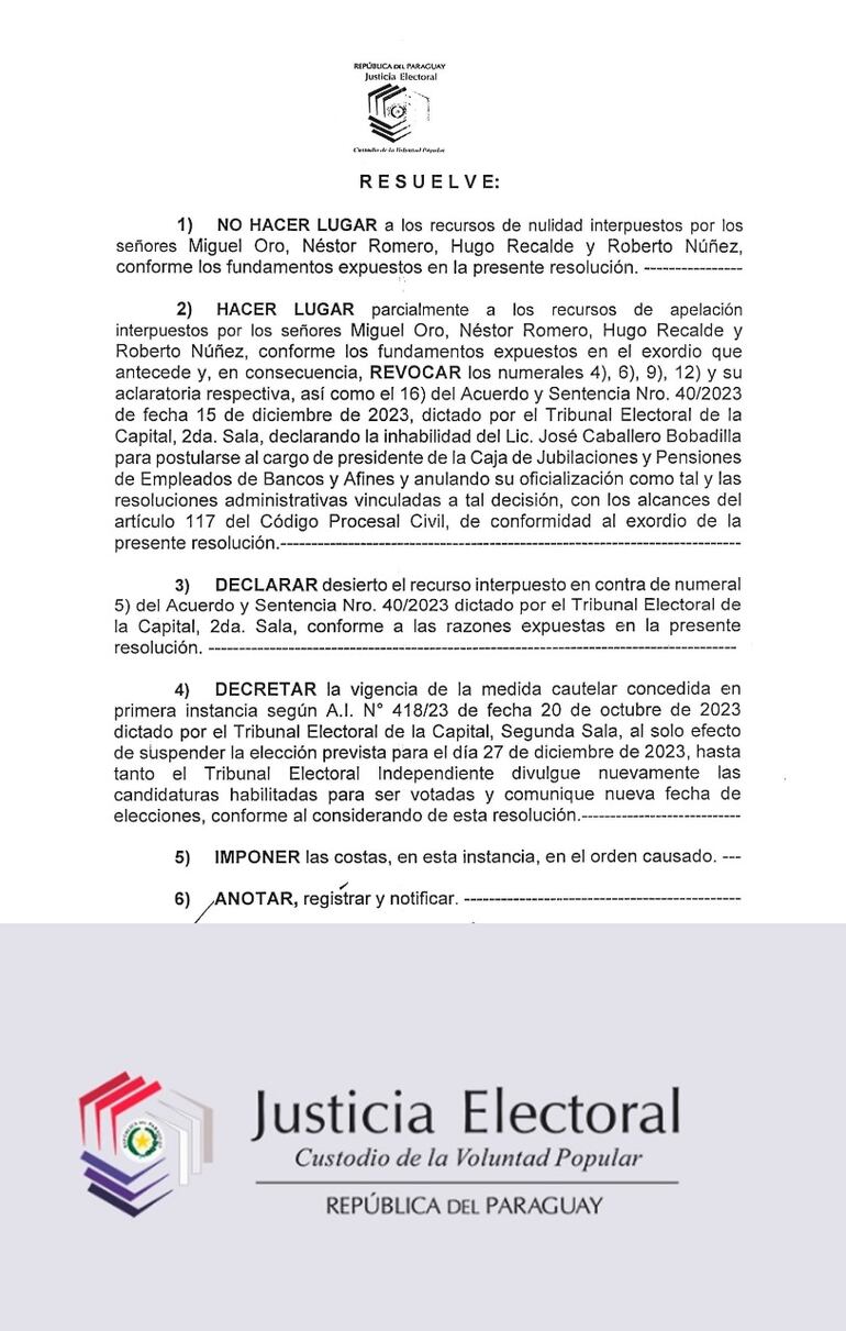 Resolución del TSJE en la que resuelve suspender elecciones de autoridades de la Caja Bancaria y inhabilitar a José Caballero.