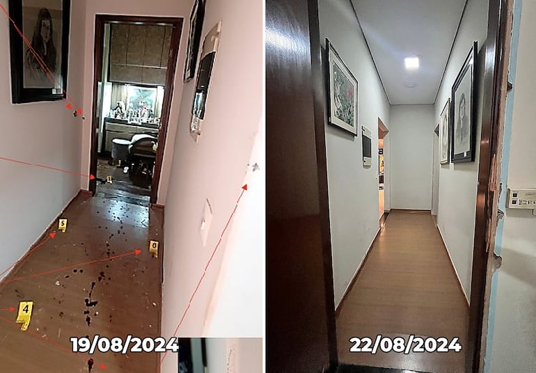 Imagenes del pasillo por el cual ingresó la Policía para el allanamiento a la vivienda de Lalo Gomes. A la izquierda se observan rastros de sangre captados por la Fiscalía, a la derecha ya se ve la habitación limpia, en una foto compartida en sus redes por el yerno del diputado, Carlos Viveros.