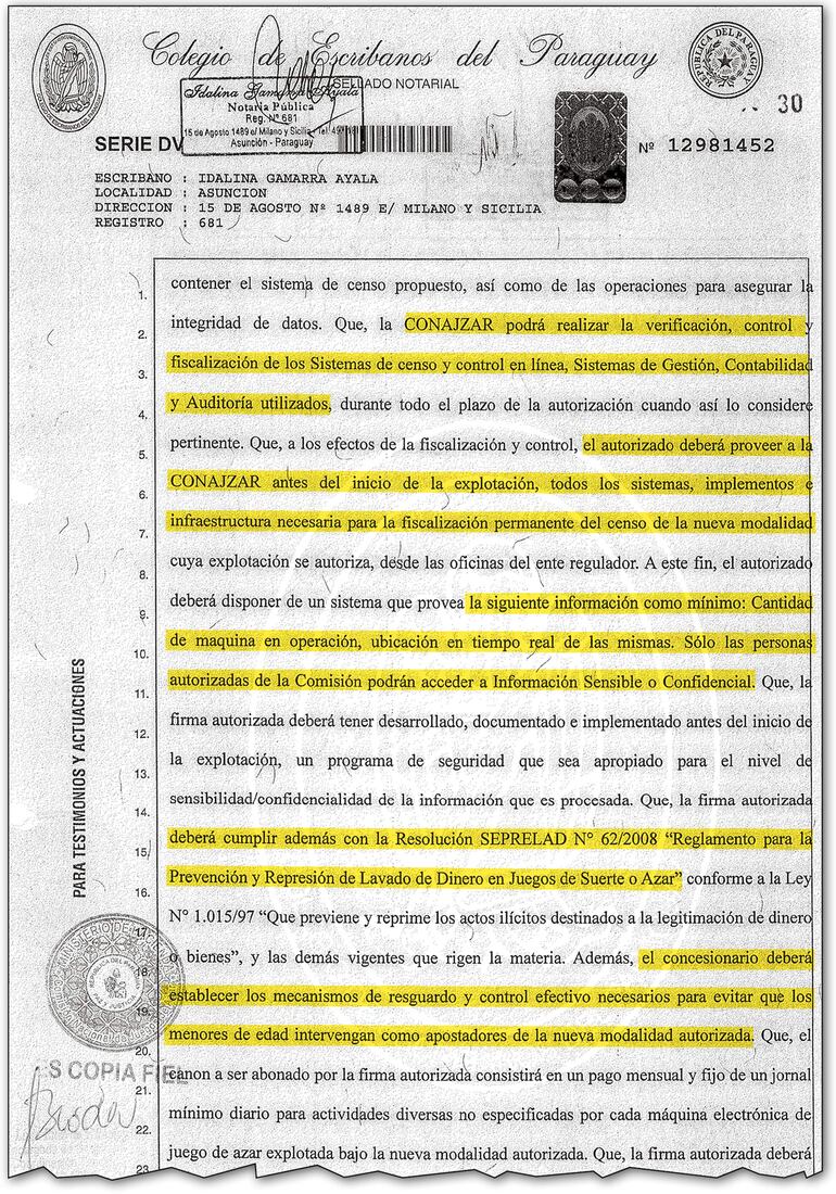 Facsímil del acuerdo que compromete el pago de canon por censo de tragamonedas y el sistema online, confidencial, así como la aplicación de la ley antilavado y cuidado a menores de edad.