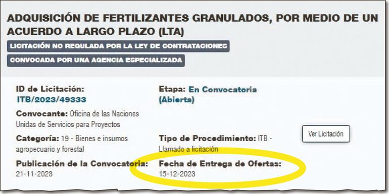 Licitación de la Unops  con una fecha   de apertura de   ofertas en diciembre de 2023. La adjudicación y el avance del proceso   hasta ahora es un misterio.