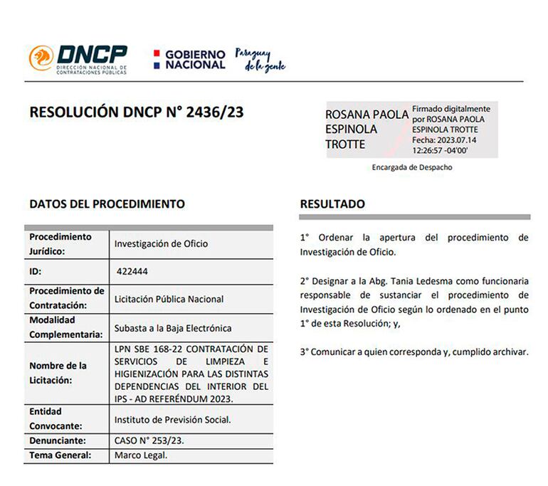 Resolución de la DNCP del 14 de julio pasado mediante la cual se decidió investigar la licitación.