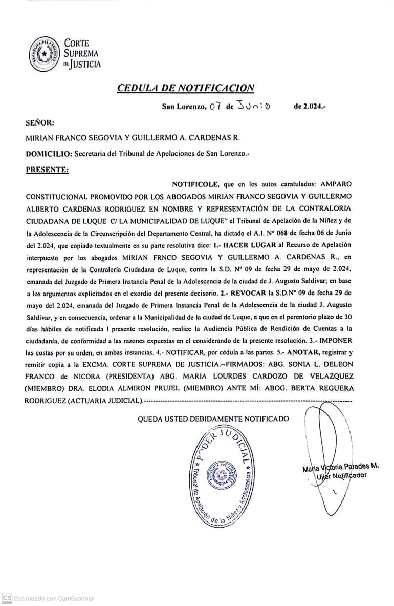 El Tribunal de Apelación ordena al Intendente Municipal de Luque la realización de la Audiencia Pública de rendición de cuentas en un plazo de 30 días hábiles de notificada.