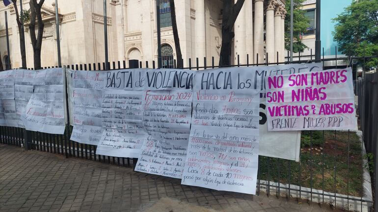 Los carteles que colocó el Frente Mujer del Partido Paraguay Pyahurá (PPP) en el marco del mitin por el 25N.