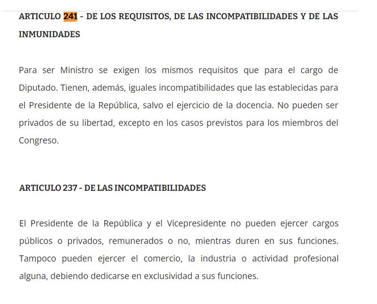 Artículos 241 y 237 de la Constitución Nacional, que estaría violando Peña, según el abogado Hugo Estigarribia.