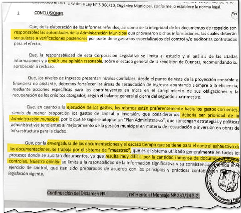 Parte del dictamen de aprobación de la rendición de cuentas 2023 de Óscar Rodríguez.