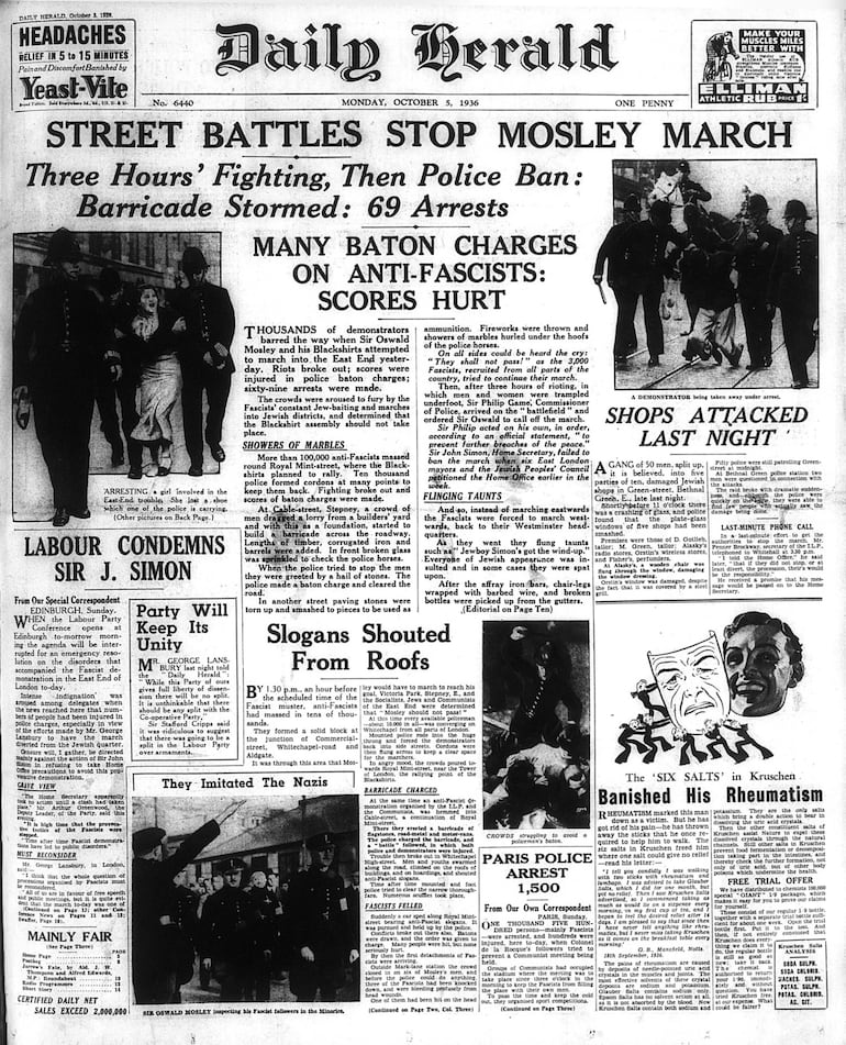 “Batalla callejera detiene la marcha de Mosley”, portada del Daily Herald, lunes 5 de octubre de 1936.