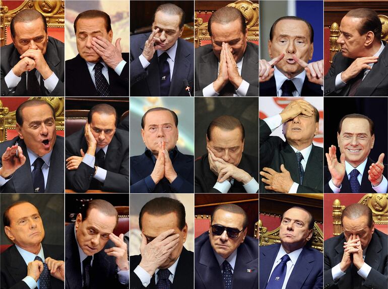 Combinación de fotografías que muestran a Silvio Berlusconi haciendo diferentes gestos.