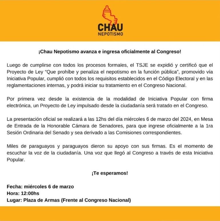 Comunicado de la organización "Chau nepotismo" tras la certificación de la iniciativa popular.