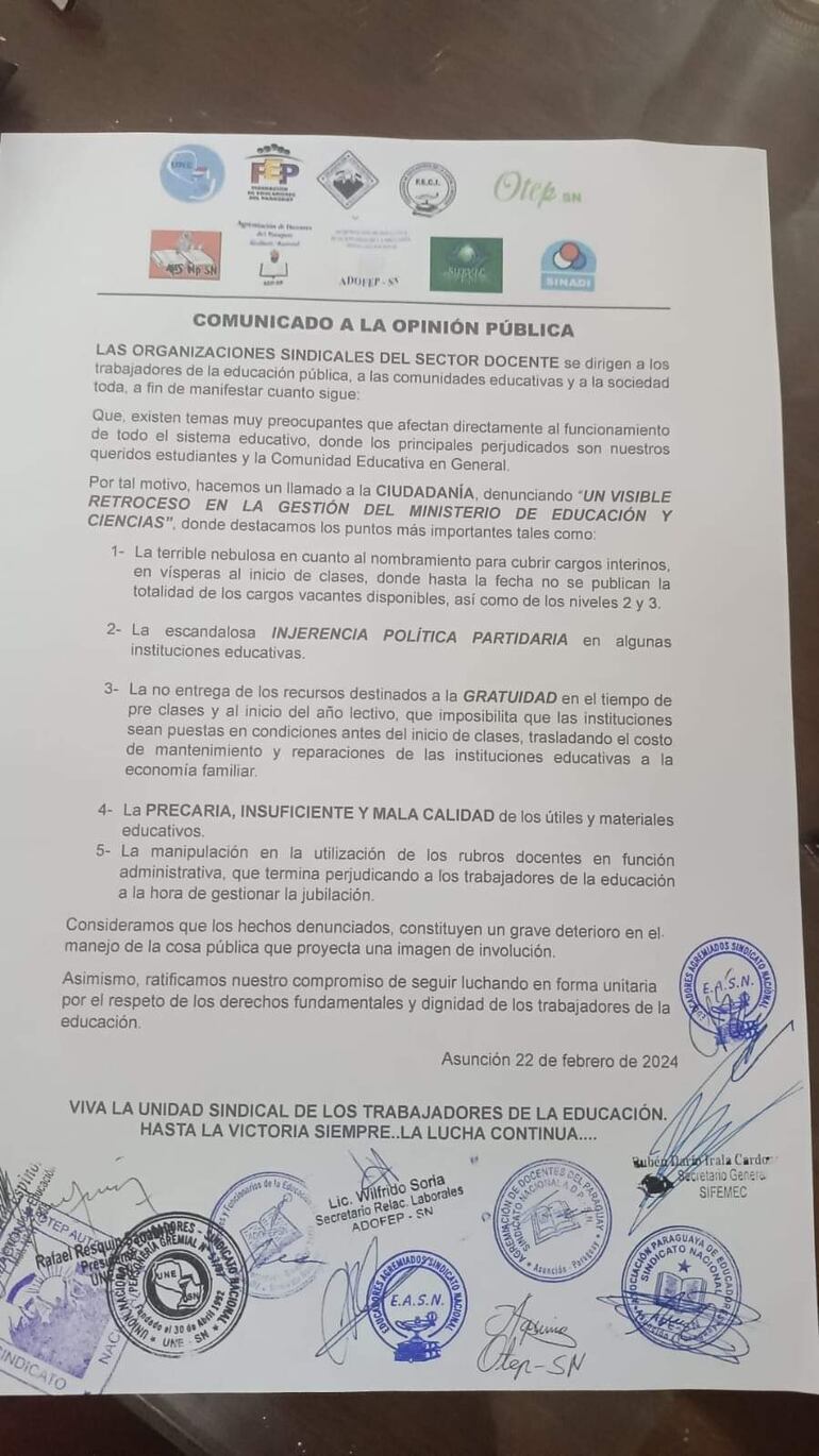 El comunicado de los docentes a la opinión pública, donde reclaman un visible retroceso en el MEC.