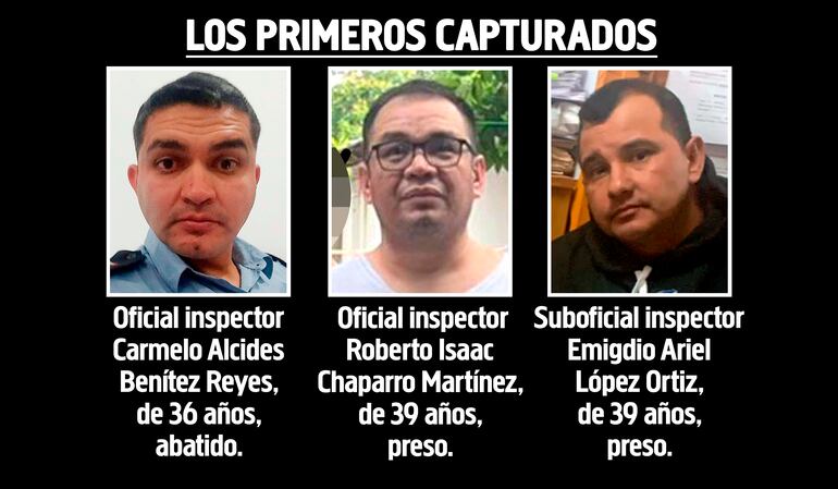 Oficial inspector Carmelo Alcides Benítez Reyes (36), ultimado el 4 de agosto de 2023; oficial inspector Roberto Isaac Chaparro Martínez, capturado el 9 de agosto de 2023; suboficial inspector Emigdio Ariel López Ortiz, detenido el 29 de agosto de 2023.