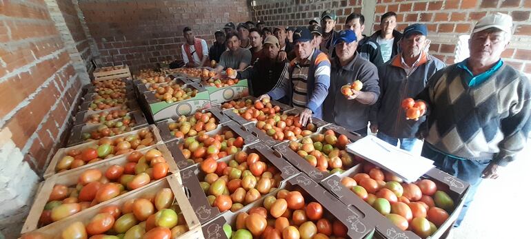 Tomateros de  la Compañía San Antonio de Coronel Oviedo muestra tomates en caja que no pueden vender por falta de mercado.