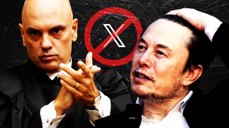 Imagen ilustrativa: el ministro Alexandre de Moraes (i), un logo de "X" en el centro y Elon Musk (i).