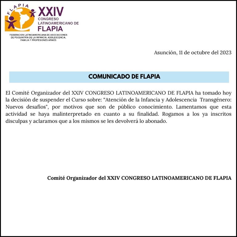 Comunicado de Flafia sobre congreso de psiquiatría.