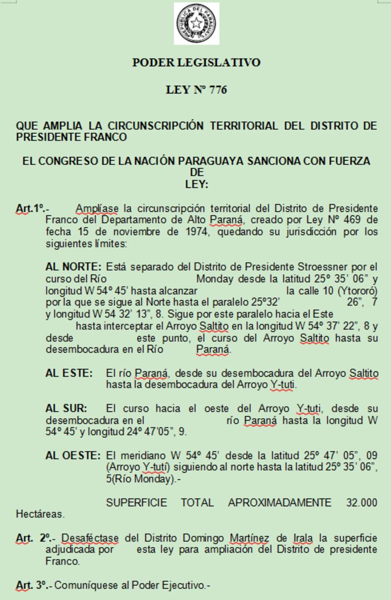 La Ley 776 de 1979 fue promulgada con un error en la redacción. En su artículo 2 en vez de decir Presidente Stroessner (actual Ciudad del Este), aparece Domingo Martínez de Irala.