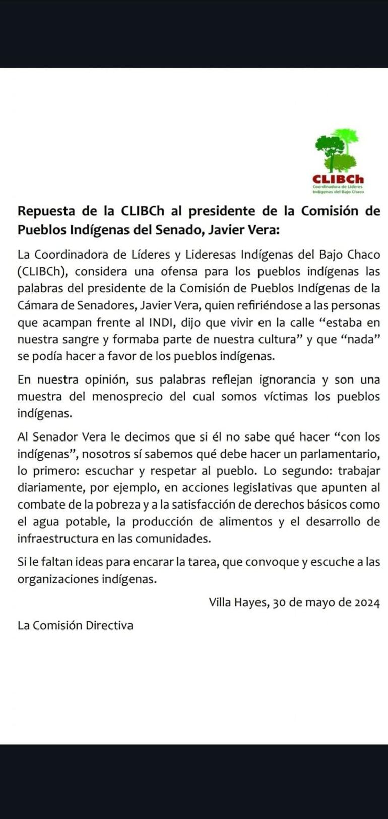 Nota de Clibch sobre expresiones del senador Chaqueñito Vera. (gentileza).