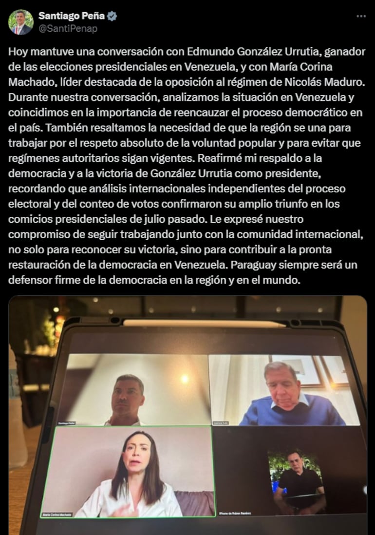 Lo que dijo Santiago Peña, Presidente de la República de Paraguay, respecto a Venezuela, apoyando el triunfo de González Urrutia en las elecciones últimas.