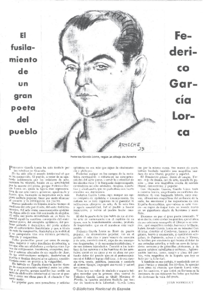 El estallido de la guerra civil y el fusilamiento de Lorca impidieron el estreno en 1936 de "Así que pasen cinco años". Página especial dedicada a la muerte de Lorca en la revista "Mundo Gráfico" del 16 de septiembre de 1936