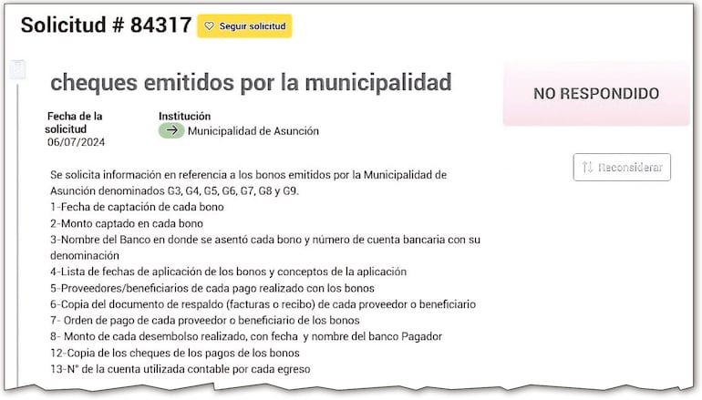 El pedido venció oficialmente el lunes pasado. El intendente no entregó la información pública, entre ellas, las facturas y cheques.