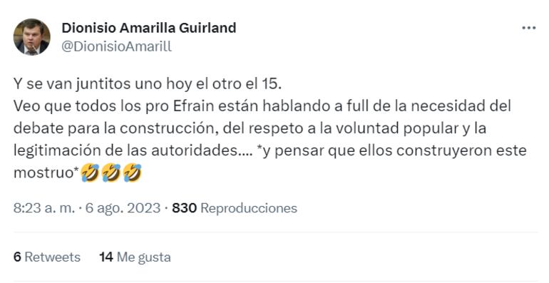 Tweets de Dionisio Amarilla, senador del PLRA, en los que alude que van a "rajar" a Efraín Alegre de la presidencia y del partido.