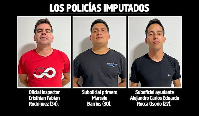 Oficial inspector Cristhian Fabián Rodríguez (34), suboficial primero Marcelo Barrios (30) y  suboficial ayudante Alejandro Carlos Eduardo Rocca Osorio (27), imputados por extorsión, quienes después también habrían sido extorsionados .