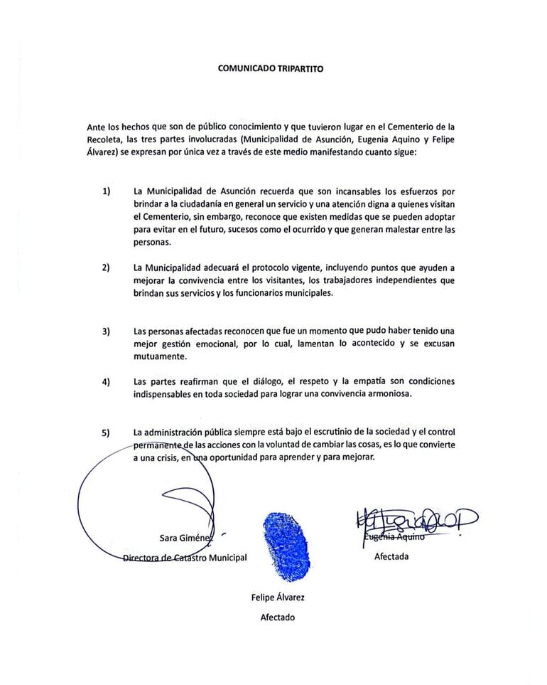 El "comunicado tripartito" entre la chef, el albañil y la Municipalidad de Asunción.