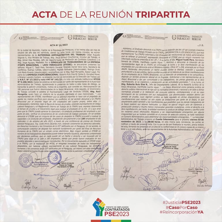 Copia de las actas de la tripartita entre destituidos y la Itaipú.