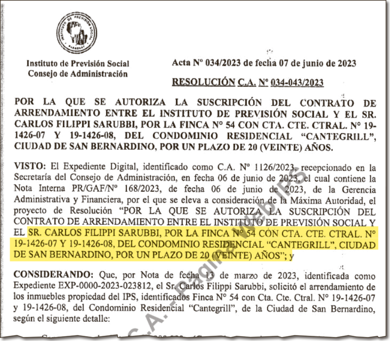 Disposición de autorización a favor de Carlos Raimundo Filippi Sarubbi para firmar los acuerdos.