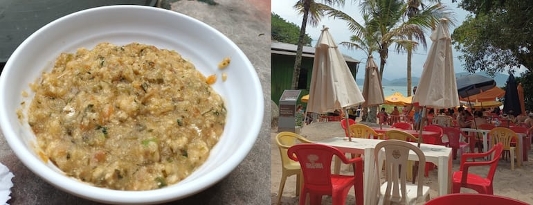 Imágenes del Bar do Bacalhau en Ilha do Campeche y uno de sus platos más solicitados por los visitantes, hecho con pescado local.