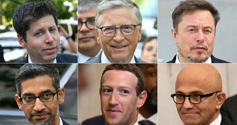 Sam Altman, CEO de OpenAI, el fundador de Microsoft Bill Gates, el CEO de X Elon Musk, el CEO de Google Sundar Pichai, Mark Zuckerberg, CEO de Meta y el CEO de Microsoft CEO Satya Nadella.