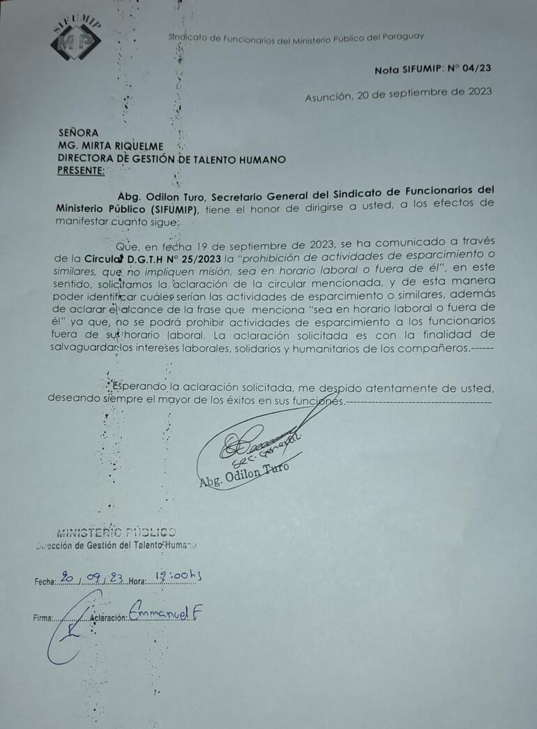 El Sindicato de Funcionarios del Ministerio Público del Paraguay se pronunció ante la circular.