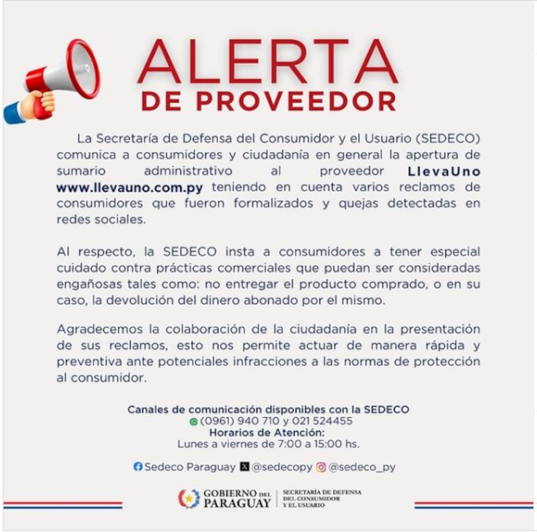 Comunicado de Sedeco sobre alerta de sumario contra LlevaUno.