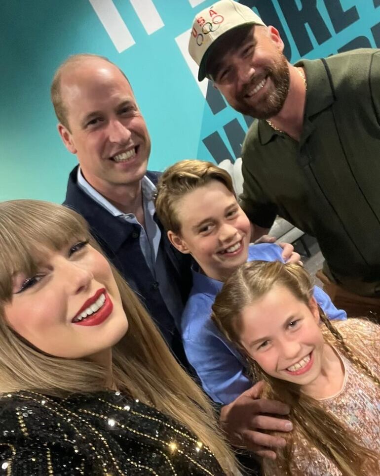 Taylor Swift con el príncipe William y sus hijos Charlotte y George, y Travis Kelce. (Instagram/Swift)
