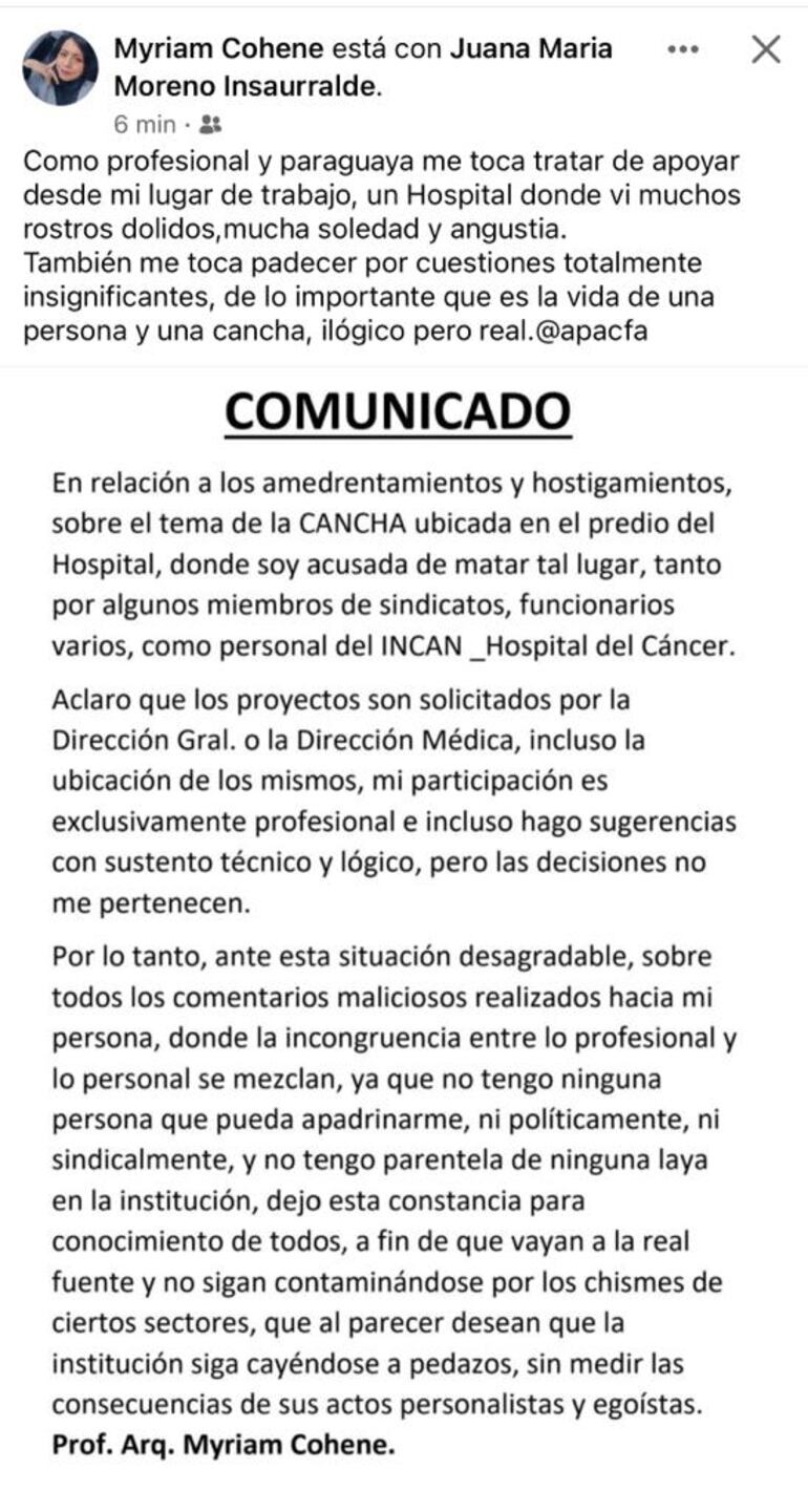 Funcionaria del Incan denuncia hostigamientos por parte de los sindicatos que quieren llevar adelante proyecto de área recreativa en el hospital.