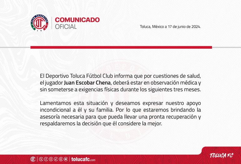 El comunicado de Toluca sobre la salud del paraguayo Juan Escobar.