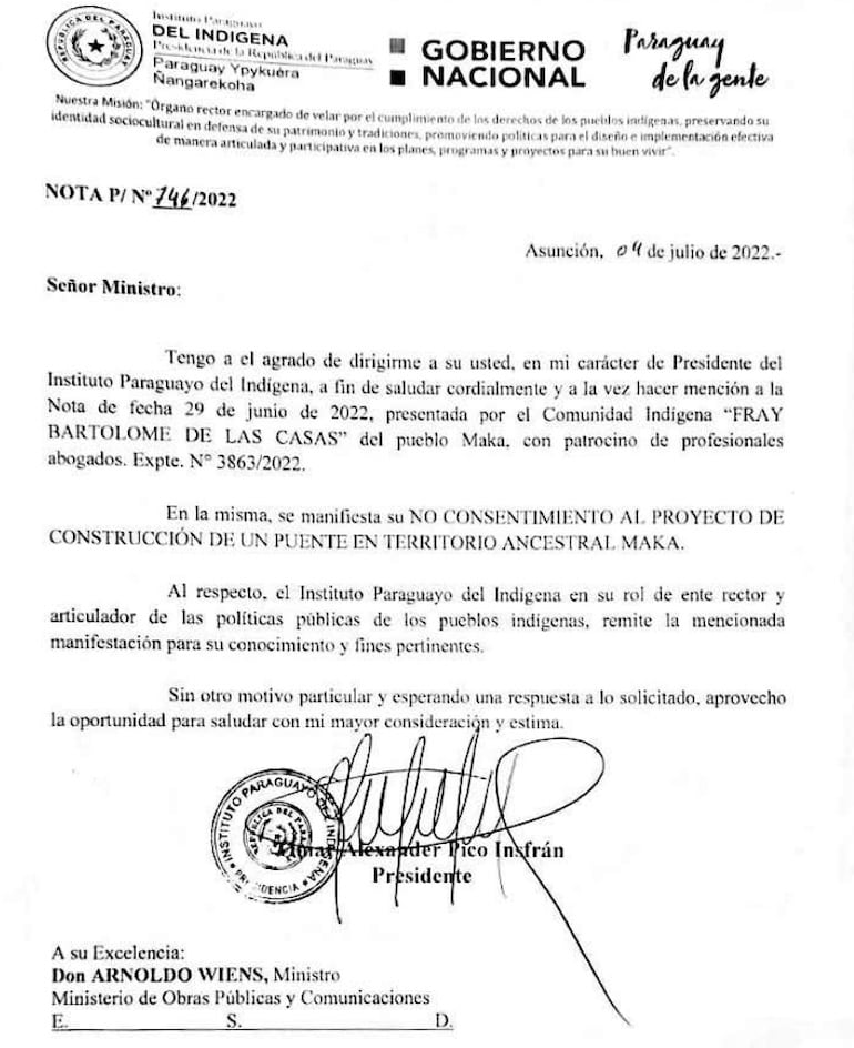 Facsímil de la nota firmada por el entonces presidente del Indi, Omar Pico, en el cual asegura que no se cumple con disposiciones internacionales que se deben implementar cuando obras afectan a comunidades indígenas. En este caso, en la construcción del puente "Héroes del Chaco", que une Asunción con Chaco' i.