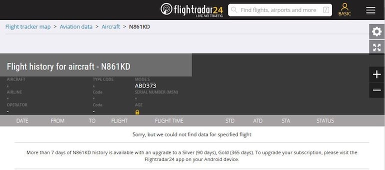 La web de FlightAware indica haber ocultado datos a pedido del propietario. Flightradar24 también ocultó el historial de vuelos de la aeronave.