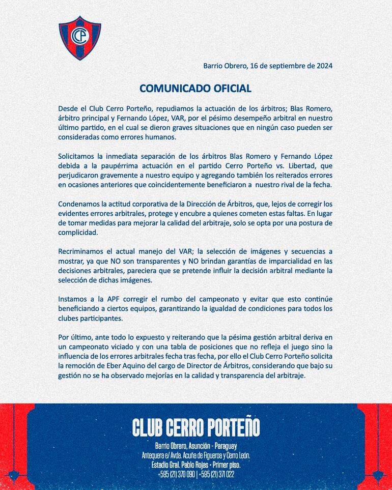 El comunicado de Cerro Porteño solicitando la remoción de Eber Aquino.