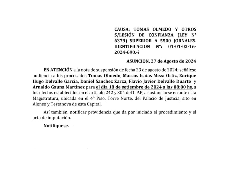 Notificación enviada al intendente de la localidad de Ñemby y a otros cinco procesado por supuesta lesión de confianza, para la imposición de medidas.