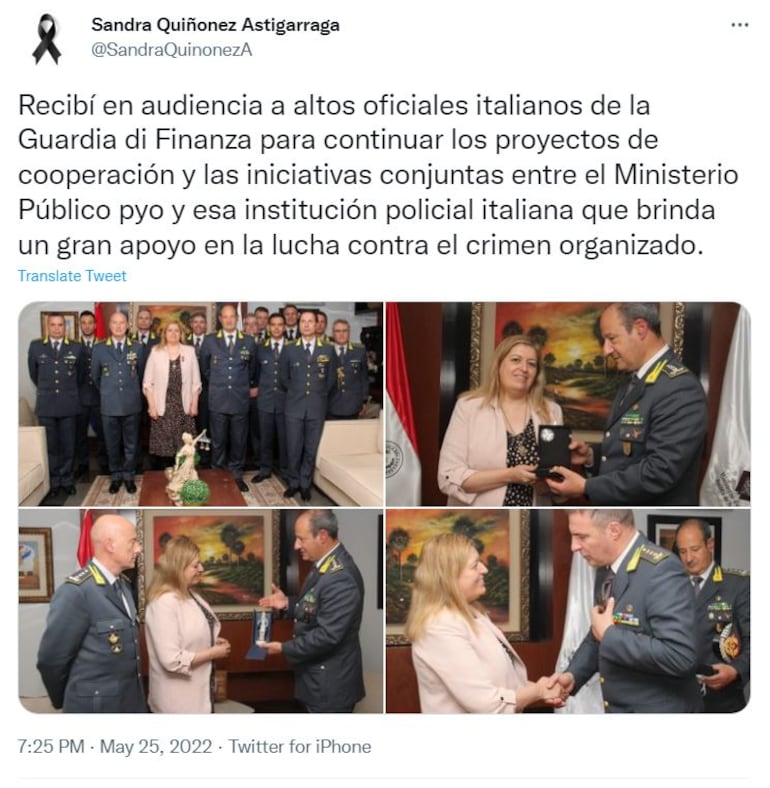 La fiscal General Sandra Quiñónez compartió en las redes la visita de altos oficiales italianos