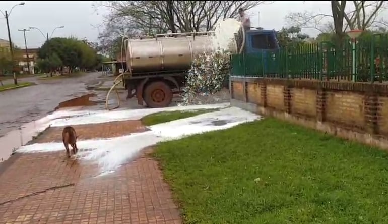 Tamberos bañan con leche el acceso al local de la ANDE en el distrito de Tomás Romero Pereira.