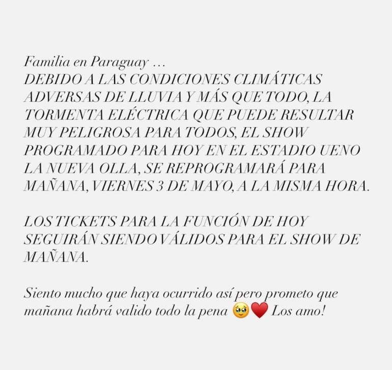 Mensaje de Karol G a sus fans tras la postergación de su concierto previsto para este jueves.