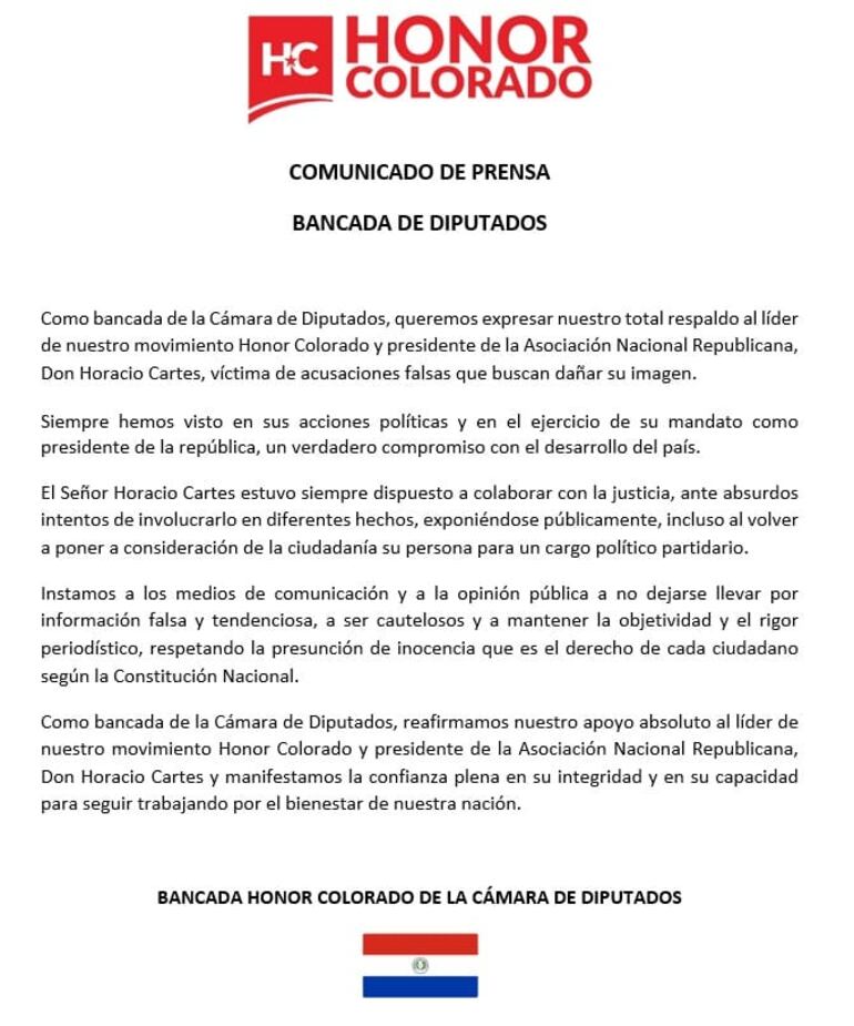 Comunicado de la Bancada Honor Colorado de la Cámara de Diputados en favor de Horacio Cartes.