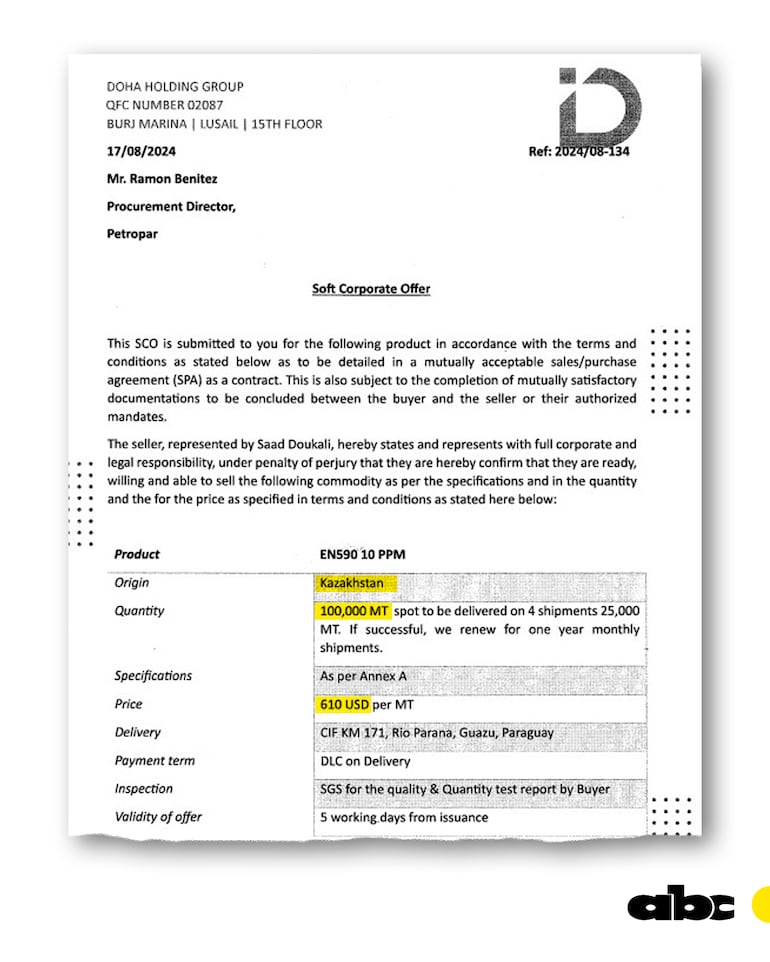 La firma catarí debía suministrar combustible de origen kazajo a Petropar, pero no se sabe nada del carburante.

