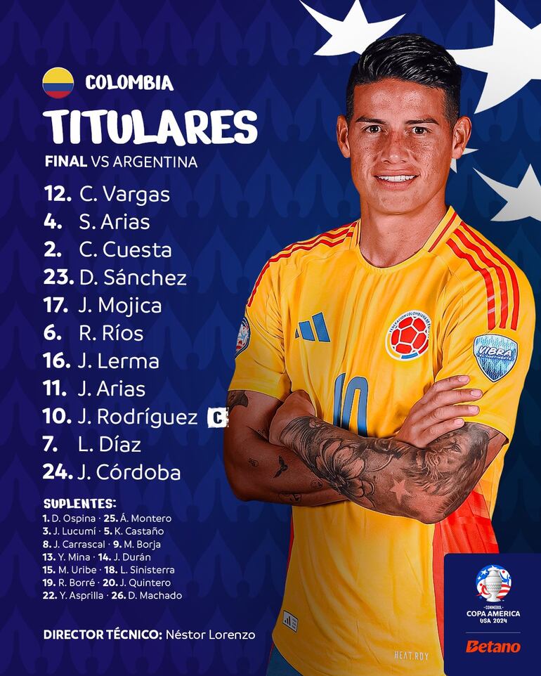 La formación de Colombia para enfrentar a Argentina en la final de la Copa América 2024.