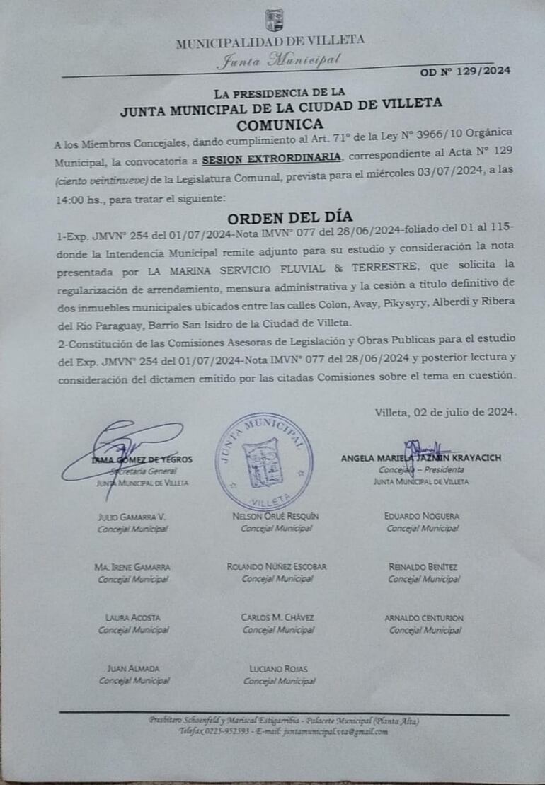 La convocatoria para la sesión extraordinaria de mañana para concretar la venta de la ribera del río Paraguay, pese a la oposición de la ciudadanía.